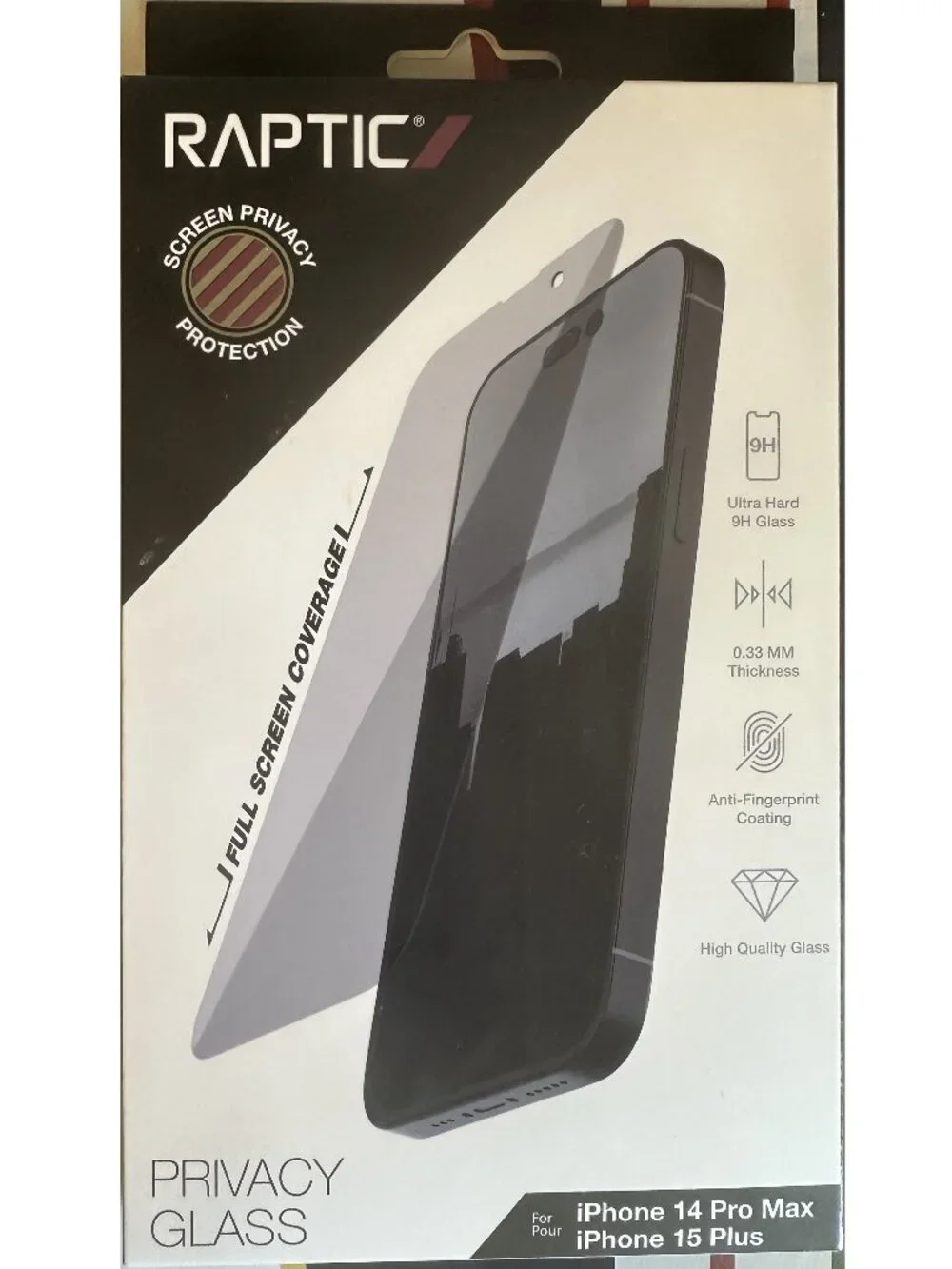 Raptic Privacy Glass Screen Protector for iPhone 14 Pro Max/iPhone 15 Plus NEW